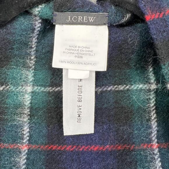 J Crew Plaid Wrap Womens One Size Navy Green Wool Blend Fringe Shawl Poncho - Picture 4 of 9
